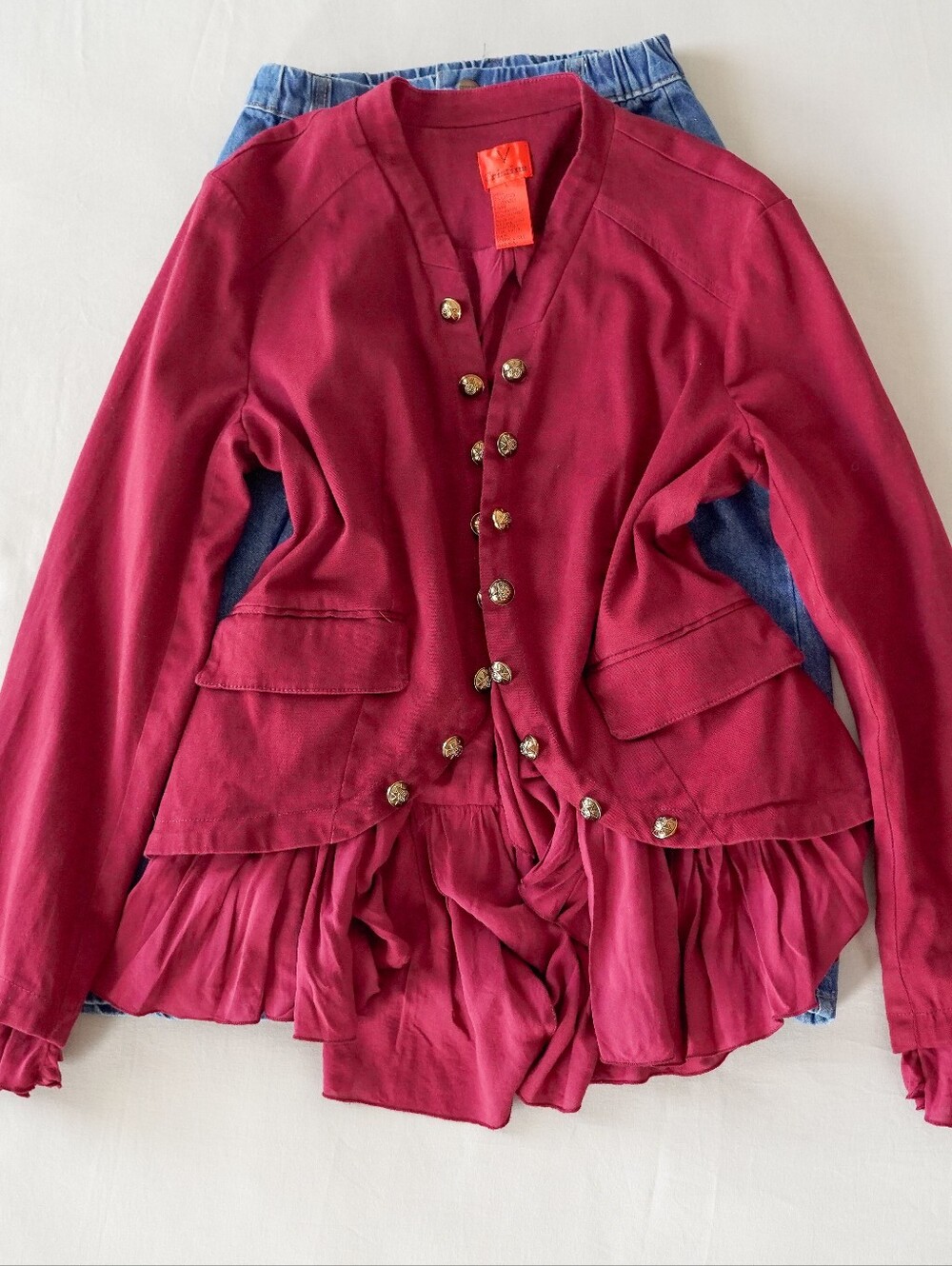 V Cristina Burgundy Ruffle Military Jacket Blazer Gold Buttons Size Large